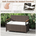 RELAX4LIFE Wicker Outdoor Storage Bench - Rattan Deck Box w/Protective Liner for Patio Furniture Pillows, Pool Supplies & Garden Tools, Porch Loveseat with Seat Cushion, Acacia Wood Armrests