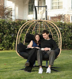 DoubleTT Double Indoor/Outdoor Wicker Swing Egg Chair Hammock Foldable Hanging Loveseat with Stand, UV Resistant Removable Cushions, 700LBS Capacity for Bedroom, Balcony, Garden (Yellow and Black)