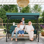 HOMREST 3 Seat Outdoor Porch Swing with Adjustable Canopy, Convertible Patio Swing Bed with Stand, Patio Glider Swing with Upgraded Cup Holder, Thicken Cushions ＆ Pillow for Backyard（Green）
