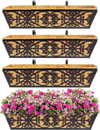 4 Pack 24 Inch Window Boxes Planters Railing Planter Box with Adjustable Brackets & Coco Liners Fabric Plant Grow Bags Deck Railing Planter Boxes Balcony Hanging Flower Box for Outdoor Plants