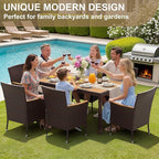 Devoko Dining 7 PCS Furniture, Patio Conversation Set with Acacia Wood Table Top, Outdoor, Beige Cushion and Brown Rattan