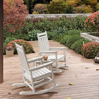 HDPE Rocking Chair Outdoor Set of 2 with Side Table - Poly High Back Porch Rocker Chairs for Adults - All Weather Resistant Furniture for Patio Front Porch - White
