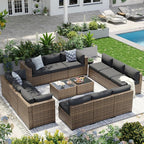 Aoxun Patio Furniture Sets, 14-Piece Outdoor Patio Furniture with 44'' Propane Gas Firepit Table, Wicker Outdoor Conversation Set Sectional Sofa for Backyard, Poolside, Garden