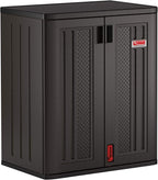 Suncast Heavy-Duty Resin Outdoor Storage Cabinet, 30" W x 20.25" D x 36" H Dark Grey Base Garage Storage Cabinet with Lockable Doors and Metal Reinforced Shelves, Made in The USA