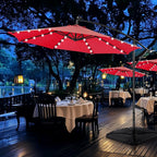 Yaheetech 10FT Solar Offset Umbrella with 32 LED Lights Cantilever Hanging Outdoor Umbrellas Handy Crank & Cross Base for Lawn/Deck/Backyard/Pool Red