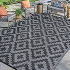 SAND MINE Waterproof Outdoor Rug 9x12 ft, Plastic Reversible Rug, Modern Area Rug, Large Floor Mat for Outdoors, RV, Patio, Backyard, Deck, Picnic, Beach, Camping, Black Grey Lattice