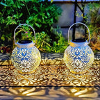 2 Pack Outdoor Solar Hanging Lantern Lights Metal LED Decorative Lamp for Garden Patio Courtyard Lawn and Table with Hollowed-Out Design (White)
