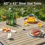 PHI VILLA 5 Pieces Outdoor Dining Set for 4, 42" Square Brown Metal Table with Umbrella Hole & Wrought Iron Swivel Chairs, Large Outside Furniture with Blue Cushions & Pillows for Patio, Deck, Porch