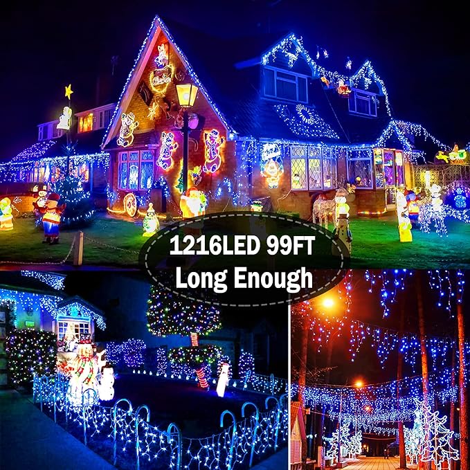 String Lights, 99 ft Outdoor LED Strand with 1216 Bulbs, Blue