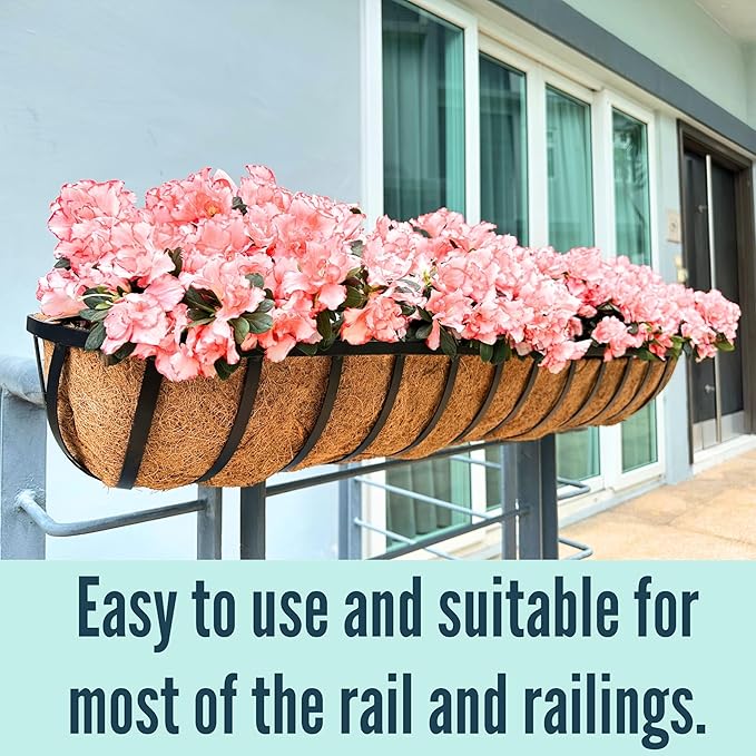 LaLaGreen Railing Planters Box (2 Pack, 30") Black Metal Large Rectangular Window Flower Box with Coco Liner, Wall Hanging Planter for Outdoor Plants Deck Rail Horse Troughs Fence Balcony Porch Garden