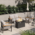Aoxun Aluminum Outdoor Patio Furniture Set, 5-Piece Outdoor Sectional with 44'' Propane Gas Firepit Table, Patio Conversation Sets with Upgraded Armrests and Cushions for Backyard (Grey,4 Seats)
