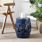 JONATHAN Y TBL1022B Lucky Coins 16" Chinese Ceramic Drum Indoor/Outdoor Garden Stool Bohemian, Coastal, Classic, Cottage, French Country, Traditional, Side Table, Plant Stand, Spill-Proof, Navy