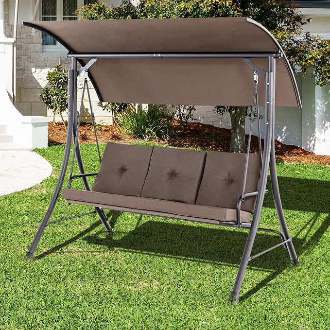 Porch Swing with Canopy, 3-Seat, Brown Steel Frame