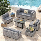 6-Seat Modern Outdoor Wicker Rattan Patio Furniture Set with 55,000 BTU Fire Pit Table, Thick 4″ Cushions, All-Weather Dual-Strand Rattan, Rust-Resistant Steel Frame,Gray