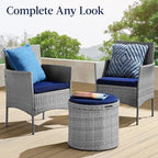 Best Choice Products Round Wicker Ottoman, Multipurpose Outdoor Furniture for Patio, Backyard, Additional Seating, Footrest, Side Table w/Storage, Removable Cushions – Gray/Navy