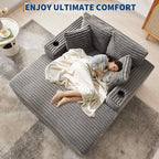 GarveeHome 60-inch Oversized Chaise Lounge Chair Indoor, Comfy Corduroy Lounge Sofa with Charging Station, Cup Holders & Throw Pillows, Cozy Sleeper Couch for Living Room Apartments, Grey