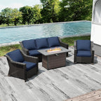 Joyside Wicker Patio Furniture Sets, 4 Pieces Upgraded Large Size Outdoor Furniture with Patio Dining Chair, 3-Seat Sofa, Fire Table,Thick Cushions, Wide Armrest, Blue