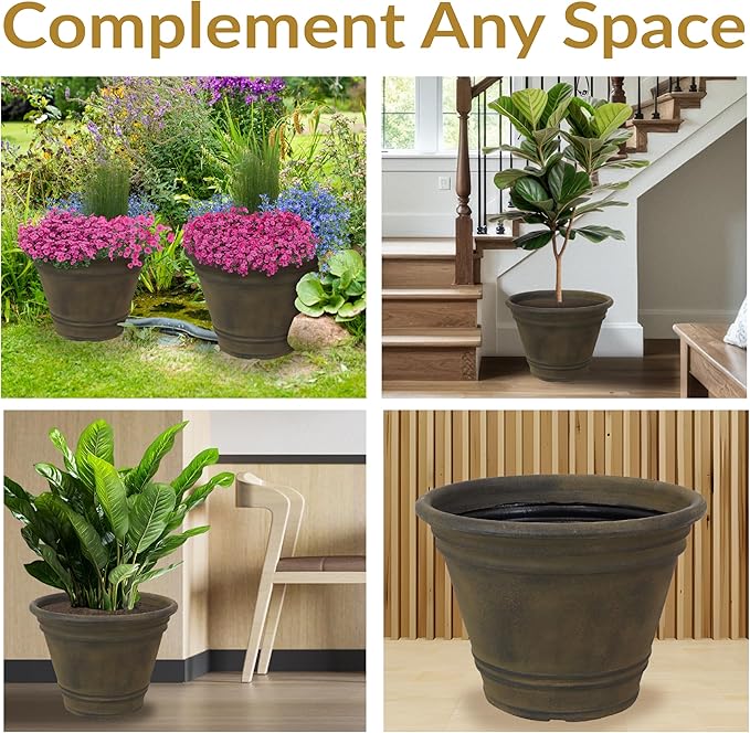 Sunnydaze 20-Inch Franklin Large Plant Pot - Polyresin Round Outdoor Planter with Drillable Drainage Hole - 3 Pack - Sable