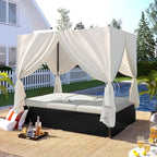 Patio Chaise Lounge, PE Rattan Outdoor Patio Wicker Sunbed Daybed with Adjustable Seats, Four-sided Canopy, Overhead Curtain and Beige Cushions for Backyard, Garden, Poolside (for 2-6 people)