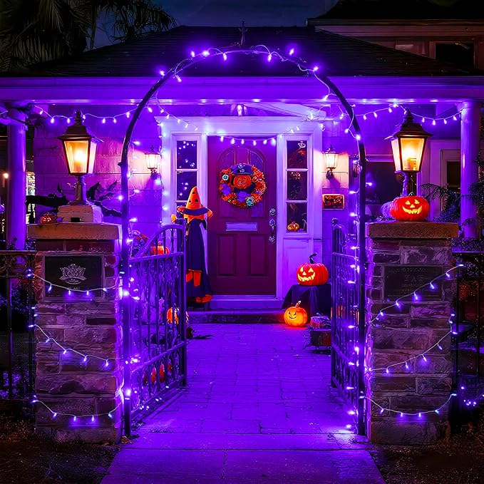 String Lights, 168 ft Purple LED Halloween Outdoor with Remote Control