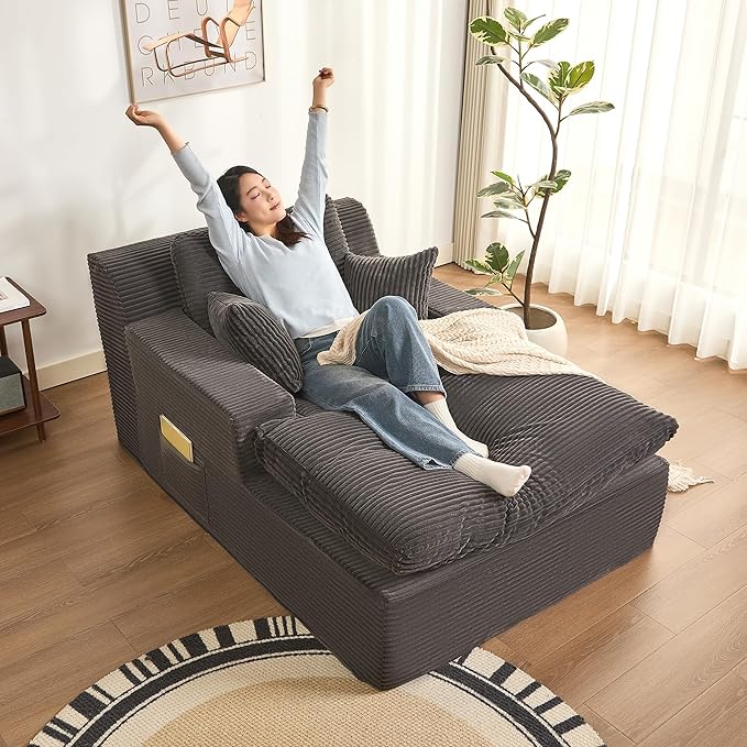 63" Chaise Lounge Chair Indoor, Set of Convertible Sleeper Sofa Couch with Throw Pillows & Side Pockets, Corduroy Upholstered Oversized Sofa Bed with Armrests for Living Room Bedroom, Grey