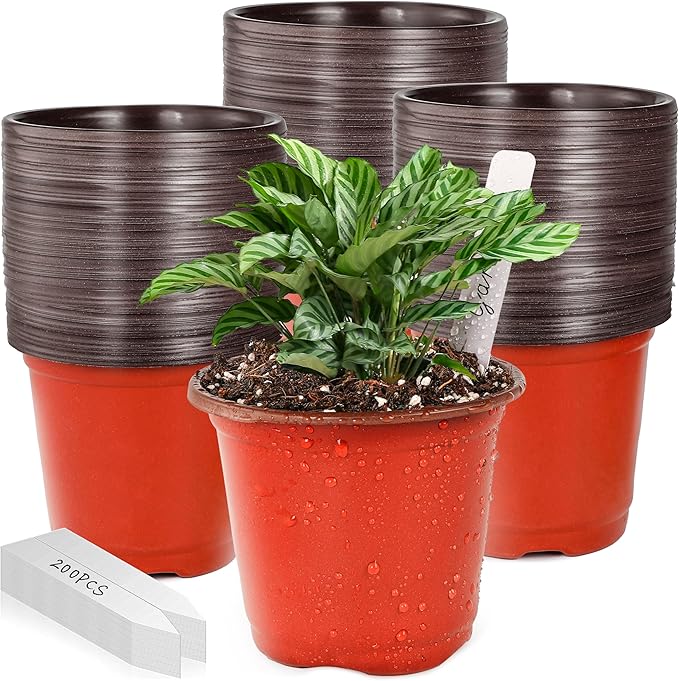 Plant Nursery Pot/Pots 200 Pcs 4" Plastic Small Plants Pots Flower Pots Seed Starting Pots for Plants Indoor Outdoor Seeding pots (with 200 Plant Labels)