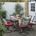 NUU GARDEN 7 Piece Outdoor Dining Set Rectangle Iron Patio Table with Umbrella Hole and 6 Swivel Chairs with Cushions Outdoor Furniture Set for Garden Backyard Black and Red