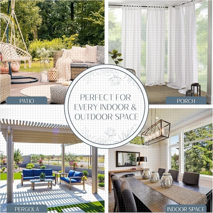 Elrene Home Fashions Matine Weatherproof Tab-Top Indoor/Outdoor Solid Color Curtain Panel for Porch, Pergola, Patio, Deck, 52”W x 108”L, White
