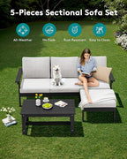 SERWALL Outdoor Sectional Sofa Set, 5-piece Outdoor Modula Couch Set with Ottoman, All Weather Patio Furniture Set with Chaise for Deck, Lawn, Black Frame with Khaki Cushion