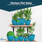 Blue Plant Pots with Drainage Holes & Saucers 15 Pack, Indoor & Outdoor Stackable Space-Saving Planters for Houseplants & Flowers, (7", 6.7", 6", 5.3", and 4.8" Inches), Durable & Weatherproof