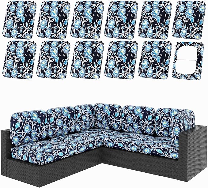 Cushion Covers for Patio Furniture, 12 Piece Bluebell Stretch Set