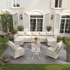 11-Piece Outdoor Patio Furniture Set with Rocking Swivel Chair Wicker Sectional Sofa Set, Patio Conversation Set with Ottomans & Coffee Table for Garden, Backyard, Poolside, White