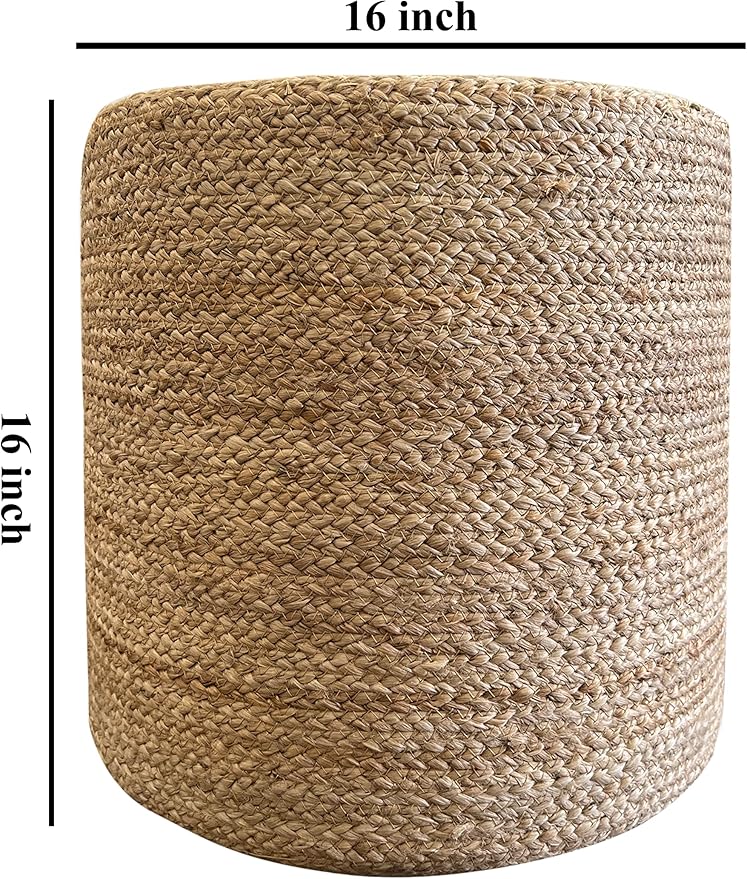 S & L Homes Pouf Ottoman - 100% Natural Jute Braided- Hand Knitted - Traditional Cord Boho Pouffe - for The Living Room, Bedroom, Nursery, Patio, Lounge (16" x 16" x 16")