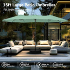 PHI VILLA 15ft Large Patio Umbrellas with Base, Outdoor Double-Sided Rectangle Market Umbrella for Pool Lawn Garden, Mint Green