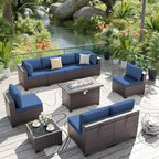 ALAULM 10 Pieces Patio Furniture Set with Propane Fire Pit Table Outdoor Sectional Sofa Sets Patio Furniture 43" Gas Fire Pit Brown PE Rattan Patio Conversation Set w/8 Seat Cushions (Deep Blue)