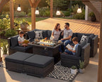 NICESOUL 8 Seater Outdoor Patio Furniture Sectional Sets with Firepits Table Natural Gas Propane, 29.3'' High Back Comfy Wicker Conversation, 9 Piece Deep Wide Modern Modular Sofa for Backyard, Grey