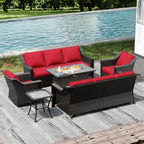 Joyside Wicker Patio Furniture Sets, 6 Pieces Upgraded Large Size Outdoor Furniture with Swivel Rocking Patio Chairs, Two 3-Seat Sofa, Fire Table, Coffee Table, Thick Cushions, Wide Armrest, Red