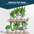 White Gray Plant Pots with Drainage Holes & Saucers 5 Pack, Indoor & Outdoor Stackable Space-Saving Planters for Houseplants & Flowers, (7", 6.7", 6", 5.3", and 4.8" Inches), Durable & Weatherproof