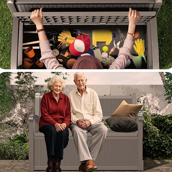 80 Gallon Outdoor Storage Bench Deck Box Waterproof Lockable,Outdoor Storage Furniture for Patio,Garden and Porch,Tools and Cushions（ Grey）