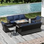 Joyside Wicker Patio Furniture Sets, 6 Pieces Upgraded Large Size Outdoor Furniture with Swivel Rocking Patio Chairs, Two 3-Seat Sofa, Fire Table, Coffee Table, Thick Cushions, Wide Armrest, Blue