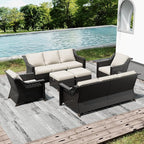 Joyside Wicker Patio Furniture Sets, 6 Pieces Upgraded Large Size Outdoor Furniture with Swivel Rocking Patio Chairs, Two 3-Seat Sofa, Outdoor Ottoman, Thick Cushions, Wide Armrest, Beige