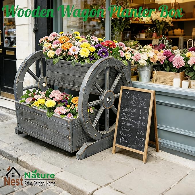 NestNature Wooden Wagon Planter Box,Raised Garden Bed,Decorative Garden Planters with Wheels-Outside Flower Pots for Indoor/Outdoor Décor Plants (Antique Gray)