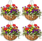 12 inch Metal Hanging Baskets for Plants Outdoor 4 Pack Round Metal Wire Hanging Basket Planter with Coco Fiber Liners Chain Round Wire Plant Holder for Garden, Patio, Deck, Outdoor(Grid)