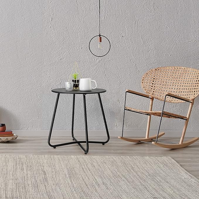 danpinera 2 Outdoor Side Tables with Flower Cut Outs, Weather Resistant Steel Patio Side Table, Small Round Outdoor End Table Metal Side Table for Patio Yard Balcony Garden Black, Set of 2