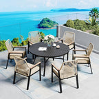 7 Pieces Patio Dining Set, 6 x Woven Rattan Chairs with Waterproof Cushion, 54” Metal Round Dining Table with Umbrella Hole, Outdoor Table and Chairs Set for Backyard Lawn and Deck