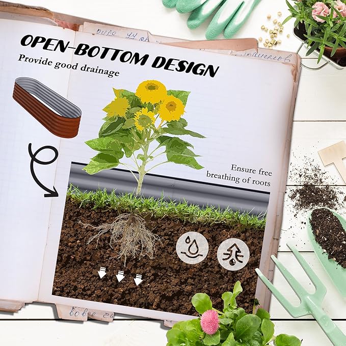 Outsunny 6.5' x 2' x 1.4' Galvanized Raised Garden Bed Kit, Outdoor Metal Elevated Planter Box with Safety Edging, Easy DIY Stock Tank for Growing Flowers, Herbs & Vegetables, Brown