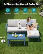 SERWALL Outdoor Sectional Sofa Set, 5-piece Outdoor Modula Couch Set with Ottoman, All Weather Patio Furniture Set with Chaise for Deck, Lawn, Blue Frame with Khaki Cushion