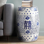 JONATHAN Y TBL1013A Double Happiness 18" Chinoiserie Ceramic Drum Indoor/Outdoor Garden Stool Bohemian, Coastal, Classic, Cottage, French Country, Traditional, Bathroom, Garden Room, Patio, Blue/White