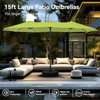 PHI VILLA 15ft Large Patio Umbrellas with Base, Outdoor Double-Sided Rectangle Market Umbrella for Pool Lawn Garden, Lime Green