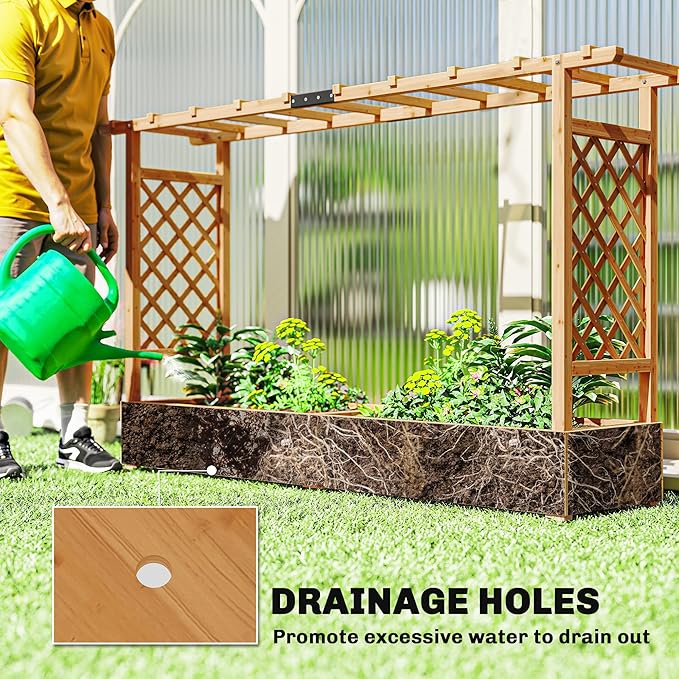 Outsunny Raised Garden Bed with Trellis, Wooden Planter Box with Hanging Roof and Drainage Holes, Outdoor Trellis Planter for Climbing Plants, Vegetables, Herbs and Flowers, 78.7" x 17.3" x 44.7"